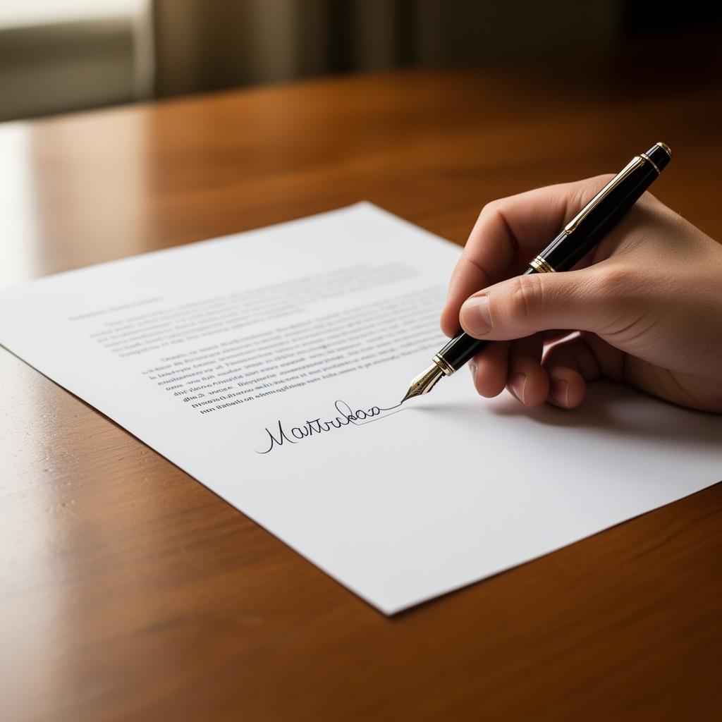 Persona firmando un contrato con pluma estilográfica
